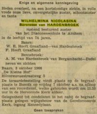 Overlijdens advertentie van Wilhelmina Nicolasina baronesse van Hardenbroek uit 1996. Zij die als laatste werd bijgezet in het familiegraf op de Algemene Begraafplaats te Bunnik. Bron: Delpher.nl.
