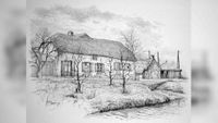 Tekening van boerderij Welgelegen aan de Lagedijk 32 te Schalkwijk in de periode rond 1970 naar een tekening van Chris Schut. Bron: Collectie Cees Verhoef.