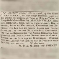 Overlijdensadvertentie van Arnold (Arnoud) Willem baron van Brienen van de Groote Lindt uit oktober 1854. Bron: Delpher.nl.