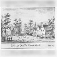 Gezicht in de buurtschap Vechten bij Bunnik naar een tekening van J. Stellingwerf naar de situatie van het buurtschap Vechten uit de periode 1600-1725. Bron: Het Utrechts Archief, catalogusnummer: 804902.