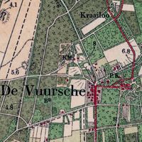 Topografische kaart van Nederland met het dorp de Lage Vuursche gezien in 1925 met midden boven hofstede 'Kraailo'. Bron: Topotijdreis.nl.