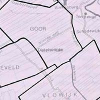 Kaart waarop de doorwaadbare plaats van de Distelvoorde in de Nieuweweg (Burgweg) staat aangegeven. Bron: Het Kromme-Rijngebied in de Middeleeuwen, Prof. dhr. C. Dekker.