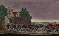 Gezicht op een stadspoort te Utrecht waaruit vluchtende militairen te voet en te paard vertrekken in de nacht van 15 op 16 september 1787. Bron: Het Utrechts Archief, catalogusnummer: 32434.