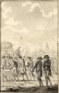 Afbeelding van een stoet patriotten en militairen die de stad Utrecht hebben verlaten op zondag 16 september 1787. Bron: Het Utrechts Archief, catalogusnummer: 32436.
