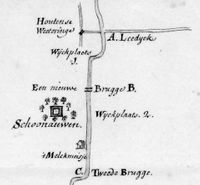 Fragment van een kaart uit het archief van de 'Heren en graven van Culemborg' waarop het zandpad vanaf de Leebrug bij Houten tot aan het Culemborgs Veer staat ingetekend. Met uitwijkplaatsen, bruggen, en herberg ''t Melkmeisje'. Met daarbij in de buurt kasteel Schonauwen ingetekend. Bron: Het Gelders Archief, 0370, 1776.