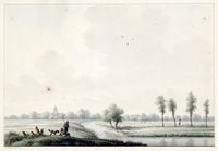 Gezicht op het landschap in de omgeving van Blauwkapel met de kerktoren van Blauwkapel op de achtergrond in 1790-1810. Naar een tekening van N. Wicart. Bron: Het Utrechts Archief, catalogusnummer: 206212.