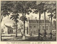 Gezicht op enkele gebouwen van het voormalige klooster Oostbroek bij De Bilt in 1744. Bron: Het Utrechts Archief, catalogusnummer: 202010.