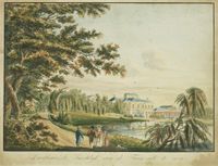 Gezicht op de achtergevel van het paleis Soestdijk te Baarn vanuit het park met rechts de grote vijver in 1825. Bron: Het Utrechts Archief, catalogusnummer: 206360.