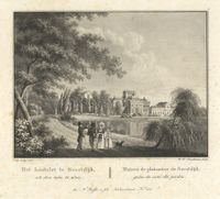 Gezicht vanuit het park op de gedeeltelijke achtergevel van het paleis Soestdijk te Baarn in 1820-1840. Bron: Het Utrechts Archief, catalogusnummer: 201907.