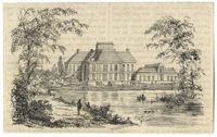 Gezicht vanuit het park over de grote vijver op de gedeeltelijke achtergevel van het paleis Soestdijk te Baarn in 1835 -1840. Bron: Het Utrechts Archief, catalogusnummer: 201909.