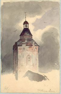 Gezicht op de toren van de Buurkerk te Utrecht uit het oosten. Naar een tekening van W.P. Hoevenaar in de periode 1830-1870. Bron: Het Utrechts Archief, catalogusnummer: 37410.