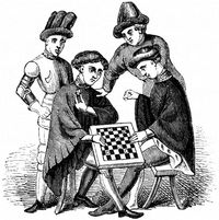 En groepje dammende heren in de 16e eeuw. Bron: Wikipedia Damen.