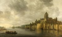 Gezicht op het Valkhof in Nijmegen, gezien vanuit het noordwesten in 1641. Met links rivier de Waal. Naar een schilderij van Jan van Goyen. Bron: Wikipedia.