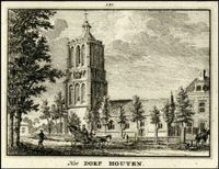 Gezicht op de zuid- en de oostgevel van de toren en de zuidgevel van het schip van de Nederlands Hervormde kerk (Lobbendijk 1) te Houten uit het zuidoosten in 1749 naar een tekening van Jan de Beijer. Bron: onbekend.