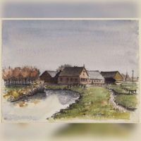 Gezicht op een boerderij aan de Kromme Rijn in de buurt van het kasteel Beverweerd te Werkhoven (gemeente Bunnik) in 19701-1990. Getekend door Wim Hagemans.
