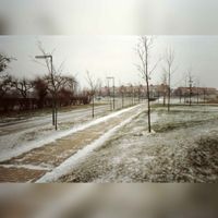Gezicht op het Rijsbrugspad ter hoogte van OBS &#039;t Schoolhuys op een winterse dag in 1990-1995. Bron: RAZU, 353.