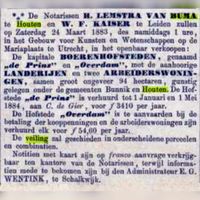 Op zaterdag 24 maart 1883 verkochten notarissen Kaiser uit Leiden en Lemstra van Buma uit Houten de boerenhofstede ,,de Prins'' aan de Achterdijk 1 en boerderij Overdam aan de Marsdijk te Bunnik. Bron: Delpher.nl.