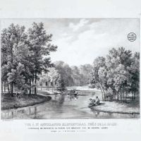 Zicht op landgoed Clingendael in de 19e eeuw met de ontworpen tuin van J.D. Zocher. Bron: Bijzondere Collecties Leiden - Geheugen.delpher.nl.