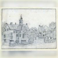 Gezicht op het omgrachte kasteel Wulven te Houten, met rechts de voorburcht met het poortgebouw in 1731. Bron: Het Utrechts Archief, catalogusnummer: 202118.