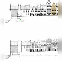 Doorsneden van de Boterstraat ingetekend met het aanzien van de periode ca. 1650 en 1870 met rechts het pand Boterstraat 12 (bovenaan in ca. 1650 en onderaan in 1870). Tekening en onderzoek in 1982. Bron: Documentatie.org.