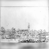 Gezicht op de zijgevel van de kerk te 't Goy en de voorgevel van een woonhuis links daarvan, vanaf het Groenedijkje in 1750. Bron: Het Utrechts Archief, catalogusnummer: 38336.