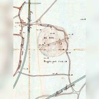 Uitsneden uit de 'kaart van Marcella' met de belangrijkste waarnemingen tijden de bouw van Fort Vechten in 1867-1870, De cirkel markeert het gebied waarbinnen graafwerk is verricht. Het noorden bevindt zich links, de uitsnede is niet op schaal. Naar een kopie in het archief van de RACM.