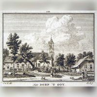 Gezicht in het dorp 't Goy met de Nederlands Hervormde kerk, uit het noorden in 1740-1750 naar een tekening van H. Spilman. Bron: Het Utrechts Archief, catalogusnummer: 200543.