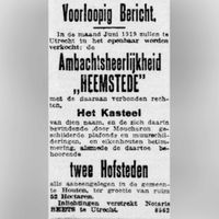 Aankondiging van de verkoop van het kasteel Heemstede in de zomer van 1919. Bron: Delpher.nl.