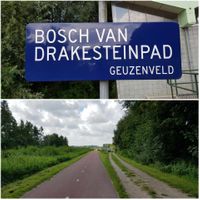 Bovenaan straatnaambord 'Bosch van Drakestein' in het Amsterdamse Geuzenveld - Osdorp / Sloten in augustus 2021. Beneden het fiets 'Bosch van Drakesteinpad' in augustus 2021 lopend naar Osdorperweg te Osdorp. Foto: Sander van Scherpenzeel.