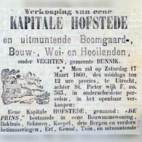 Advertentie uit 1860 van verkoop van herberg De Prins in Vechten ten overstaand van de Utrechtse notarissen Zijdveld en Hondius van den Broek (1). Bron: Delpher.nl.