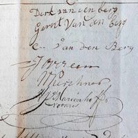 Boedelscheiding (handtekeningen) van een familielid Van den Berg van 1 april 1830 ten overstaan van notaris H.J. van Mariënhoff te Wijk bij Duurstede. Bron: Regionaal Archief Zuid-Utrecht (RAZU), 063, 1808, aktenummer: 1789.