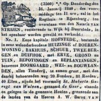 Verkoopadvertentie van boerderij de Dijkhoeve uit december 1839. Verkocht op 16 januari 1840 aan jhr. Jan Carel Wendel Strick van Linschoten van Rhijnauwen 1/2. Bron: Delpher.nl.