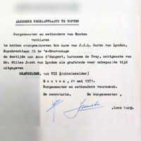 Verklaring van overschrijving (eigendomsovergang) op het familiegraf Van Hangest d'Yvoy aan J.J.L. baron van Lynden op vrijdag 21 mei 1971 namens burgemeester en wethouders van de gemeente Houten. Bron: Regionaal Archief Zuid-Utrecht (RAZU), 109.