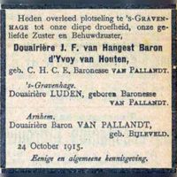 Overlijdensadvertentie van Cornelia Wilhelmina Clotherbooke Patijn in oktober 1915, douairière J.F. van Hangest baron d'Yvoy van Houten. Bron: Delpher.nl.