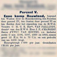 Veiling van goederen in de gemeente Arnhem van ca. 65 hectare waaronder percelen van de familie Van Pallandt en Van Hangest d'Yvoy van Houten (1). Bron: Delpher.nl