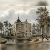 Gezicht vanuit de tuin op de achtergevel van het huis Hinderstein te Nederlangbroek uit 1866 naar een tekening van P.J. Lutgers. Bron: Het Utrechts Archief, catalogusnummer:	 201453.