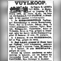 Verkoopadvertentie van kasteel Vuylkoop die per veiling op 27 februari 1872 onder de veiling werd gebracht. Waarbij ook De Grote Laan van Vuylvoop werd verkocht. Bron: Delpher.nl.