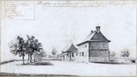 Rij huizen op de plantage Palmeniribo en Surimonbo te Suriname. Naar een tekening van Dirk Valkenburg uit 1708. Bron: Wikimedia Commons.