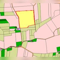 Het oorspronkelijke perceel aan de Mereveldseweg in geel met rood gearceerd in het jaar 1832 bij de invoering van het kadaster. Ooit behorende bij de familie Dorresteijn op boerderij Het Blauwe Huis. Bron: HISGIS Utrecht.