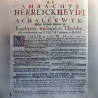 Verkoopbiljet uit 1682 waarop de verkoop van de ambachtsheerlijkheid Schalkwijk wordt aangekondigd. Bron: Huisarchief Wickenburgh, Wttewaall.