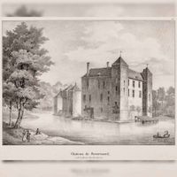 Gezicht vanuit het noorden op kasteel Beverweerd met gracht te Werkhoven in 1835-1862. Bron: Regionaal Archief Zuid-Utrecht (RAZU), 353.