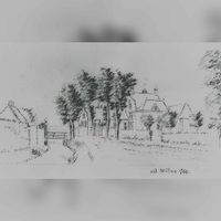 Zicht op de Oud Wulfseweg in 1749 met links de boerderij Oud-Wulverbroek nr 17-17a en rechts het rechthuis van Oud-Wulven en Waijen, de voorganger van huize Jeannette-oord. Naar een tekening van Jan de Beijer. Bron: Regionaal Archief Zuid-Utrecht (RAZU), 033.