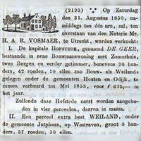 Advertentie waarbij boerderij De Geer (toenmalig) aan de Binnenweg 19 werd verkocht ten overstaan van de Utrechtse notaris H.A.R. Vosmaer. Bron: Delpher.nl.