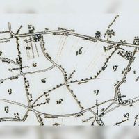 Fragment van een in de jaren zestig overgetekende kaart door Leen de Keijzer naar een origineel van de Tiendkaart van het Utrechtse kapittel St. Marie uit 1640 waar alle tiendblokken op staan ingetekend met het zuiden bovenaan. Links het tiendterrein 12 en 15 waarop het dorpje Westrummerhofstad heeft gestaan. Bron: Regionaal Archief Zuid-Utrecht (RAZU), 353.