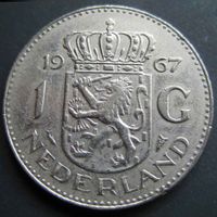 Nederlandse gulden 1967, nikkel, muntmeesterteken vis. Bron: Wikipedia Nederlandse 1 gulden.