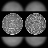 Een munt van 8 Real, ook bekend als Spaanse mat uit 1739 van Filips V, geslagen in Mexico-Stad (Muntteken:Mo). Bron: Wikipedia Spaanse real.