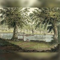 Gezicht op de Kromme Rijn bij Bunnik, bij het huis Rijnsoever in juli 1812 met op de voorgrond de oever in Rhijnauwen. Bron: Het Utrechts Archief, catalogusnummer: 202238.