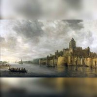 Gezicht op het Valkhof in Nijmegen, gezien vanuit het noordwesten in 1641. Met links rivier de Waal. Naar een schilderij van Jan van Goyen. Bron: Wikipedia.