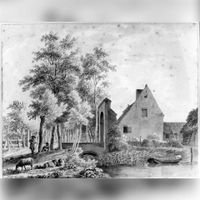 Gezicht op de toegangspoort met de brug van het voormalige Kartuizerklooster Nieuwlicht, met de boerderij op het kloosterterrein in 1813. Bron; Het Utrechts Archief, catalogusnummer: 31262.