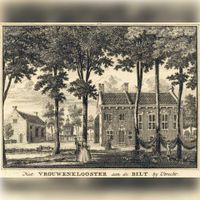 Gezicht op enkele gebouwen van het voormalige klooster Oostbroek bij De Bilt in 1744. Bron: Het Utrechts Archief, catalogusnummer: 202010.
